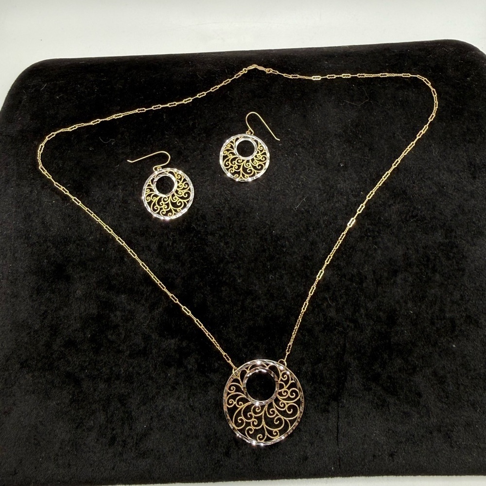 10K Two-Tone Gold Filigree Necklace & Earrings Set 3.83g - Picture 2 of 7